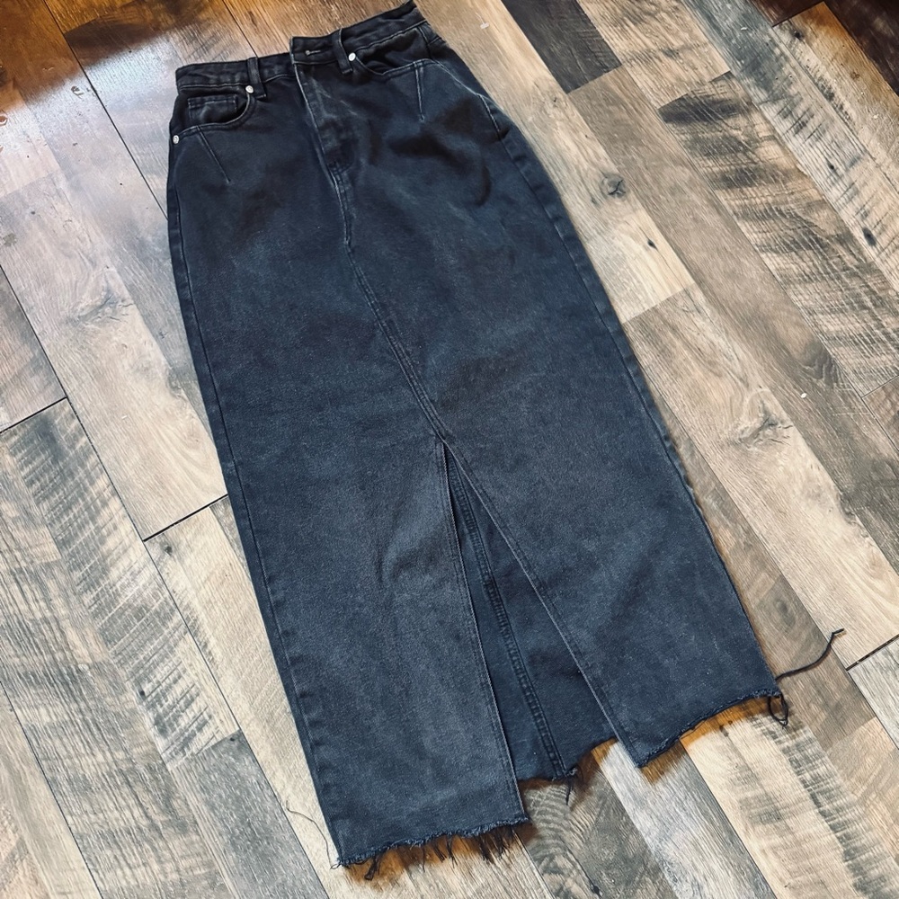Black Midi Denim Skirt with Front Slit
